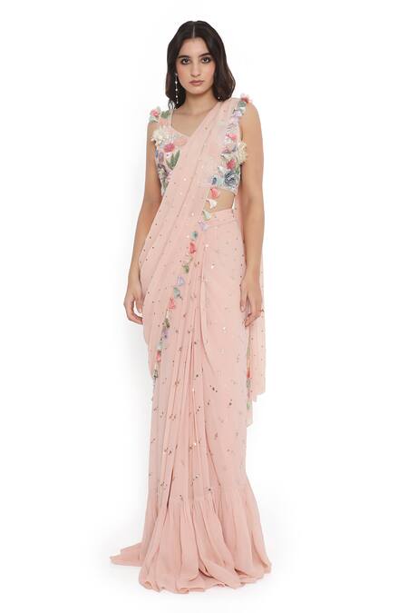 Buy_Payal Singhal_Pink Georgette, Muslin Tassels, Embroidery Frilled Pre-draped Saree With Blouse _Online_at_Aza_Fashions