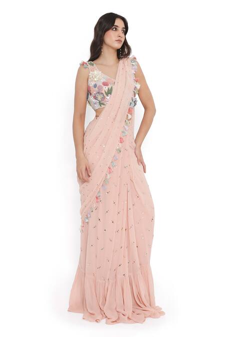 Shop_Payal Singhal_Pink Georgette, Muslin Tassels, Embroidery Frilled Pre-draped Saree With Blouse _Online_at_Aza_Fashions