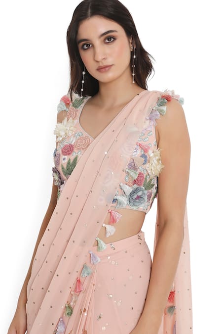 Payal Singhal_Pink Georgette, Muslin Tassels, Embroidery Frilled Pre-draped Saree With Blouse _at_Aza_Fashions