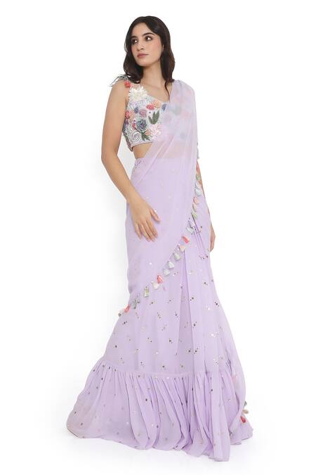 Buy Payal Singhal Purple Georgette, Muslin Tassels, Frilled Pre-draped Saree With Blouse Online at Aza Fashions Buy_Payal Singhal_Purple Georgette, Muslin Tassels, Frilled Pre-draped Saree With Blouse _Online_at_Aza_Fashions