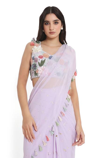 Shop Payal Singhal Purple Georgette, Muslin Tassels, Frilled Pre-draped Saree With Blouse Online at Aza Fashions Shop_Payal Singhal_Purple Georgette, Muslin Tassels, Frilled Pre-draped Saree With Blouse _Online_at_Aza_Fashions