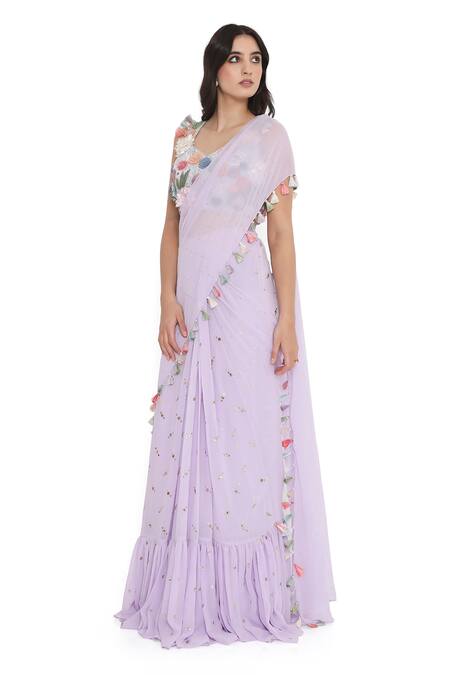 Payal Singhal Purple Georgette, Muslin Tassels, Frilled Pre-draped Saree With Blouse at Aza Fashions Payal Singhal_Purple Georgette, Muslin Tassels, Frilled Pre-draped Saree With Blouse _at_Aza_Fashions