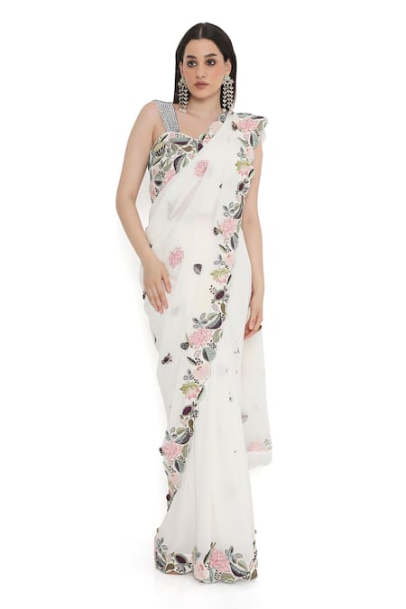 Buy Payal Singhal Ivory Georgette Embroidery Sweetheart Floral Cutwork Border Saree With Blouse Online at Aza Fashions Buy_Payal Singhal_Ivory Georgette Embroidery Sweetheart Floral Cutwork Border Saree With Blouse _Online_at_Aza_Fashions