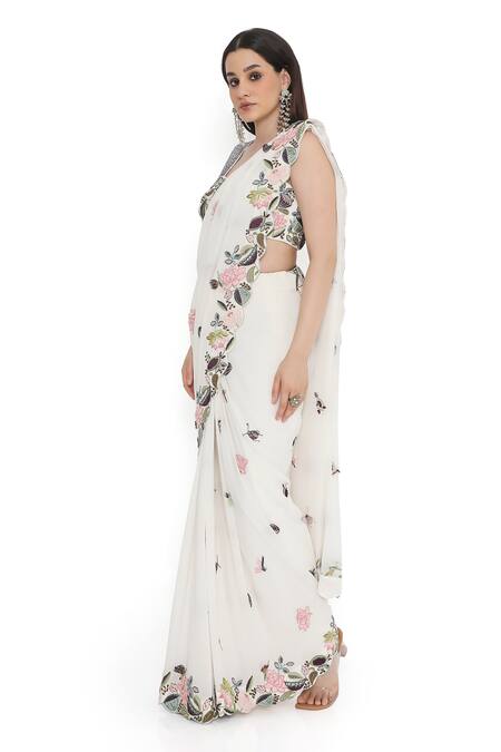 Shop Payal Singhal Ivory Georgette Embroidery Sweetheart Floral Cutwork Border Saree With Blouse Online at Aza Fashions Shop_Payal Singhal_Ivory Georgette Embroidery Sweetheart Floral Cutwork Border Saree With Blouse _Online_at_Aza_Fashions