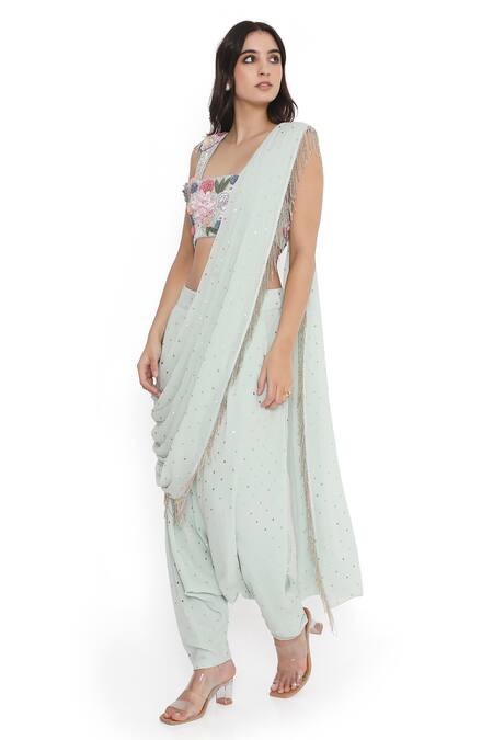 Buy_Payal Singhal_Blue Georgette Embroidery Square Neck Pre-draped Dhoti Pant Saree With Blouse _Online_at_Aza_Fashions