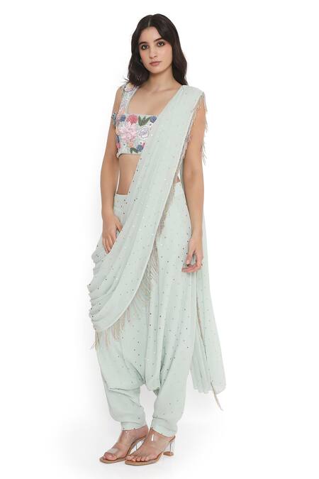 Shop_Payal Singhal_Blue Georgette Embroidery Square Neck Pre-draped Dhoti Pant Saree With Blouse _Online_at_Aza_Fashions