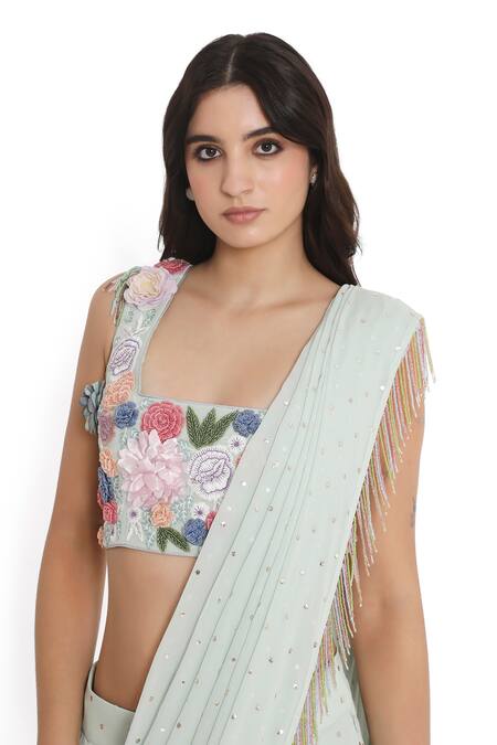 Payal Singhal_Blue Georgette Embroidery Square Neck Pre-draped Dhoti Pant Saree With Blouse _at_Aza_Fashions