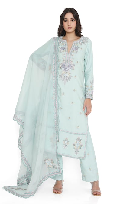 Payal Singhal Blue Cotton Silk Embroidered Floral Notched Straight Kurta Pant Set 