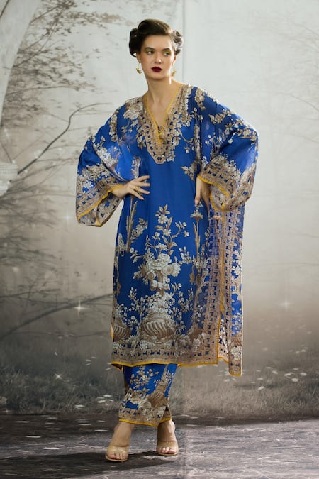 Rajdeep Ranawat Blue Kaftan Silk Block Printed Floral Plunge V Neck Ghufrina And Pant Set 