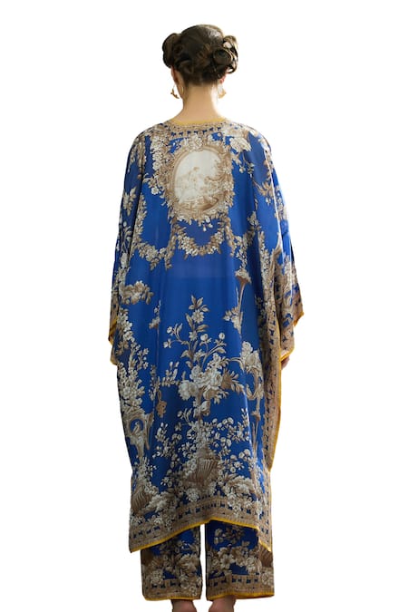 Buy_Rajdeep Ranawat_Blue Silk, Satin Embroidery Plunge Neck Ghufrina Block Print Kaftan And Pant Set _Online_at_Aza_Fashions