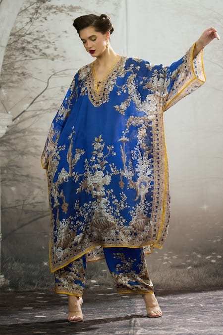 Shop_Rajdeep Ranawat_Blue Silk, Satin Embroidery Plunge Neck Ghufrina Block Print Kaftan And Pant Set _Online_at_Aza_Fashions