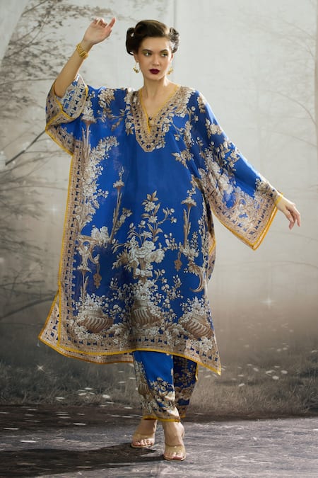Rajdeep Ranawat_Blue Silk, Satin Embroidery Plunge Neck Ghufrina Block Print Kaftan And Pant Set _at_Aza_Fashions