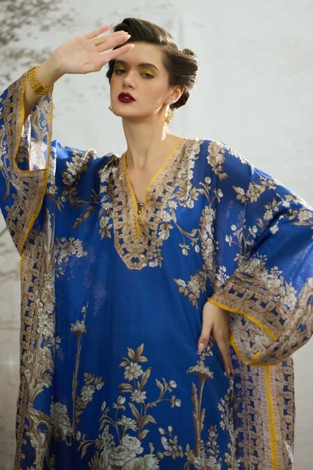 Buy_Rajdeep Ranawat_Blue Silk, Satin Embroidery Plunge Neck Ghufrina Block Print Kaftan And Pant Set 