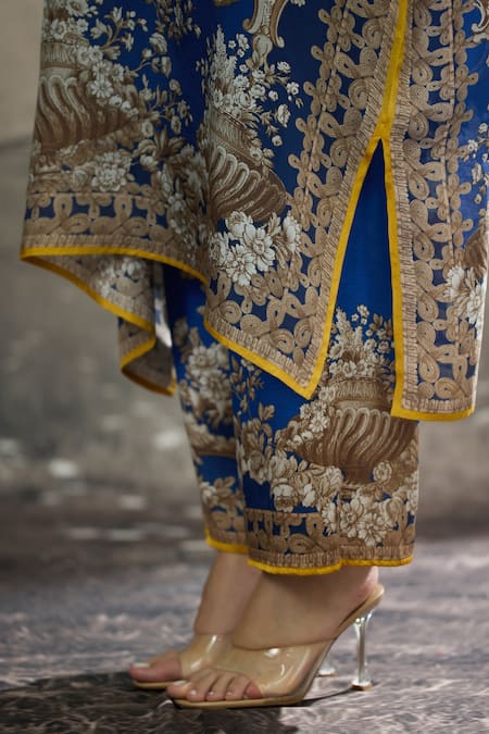 Shop_Rajdeep Ranawat_Blue Silk, Satin Embroidery Plunge Neck Ghufrina Block Print Kaftan And Pant Set 