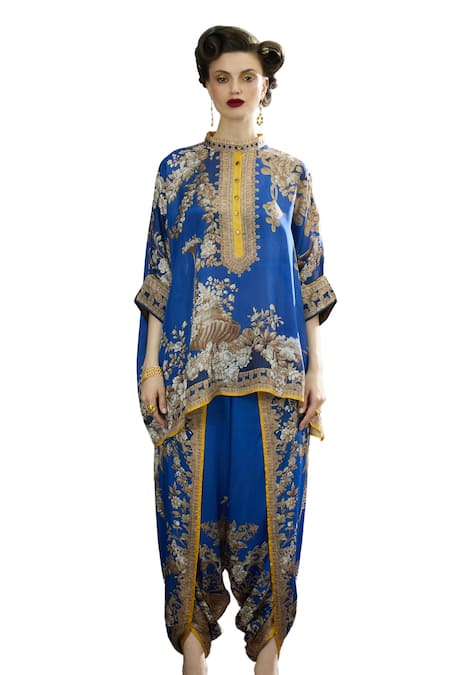 Rajdeep Ranawat_Blue Silk, Modal, Satin Embroidery Chanel Floral Print Tunic And Dhoti Pant Set _Online_at_Aza_Fashions