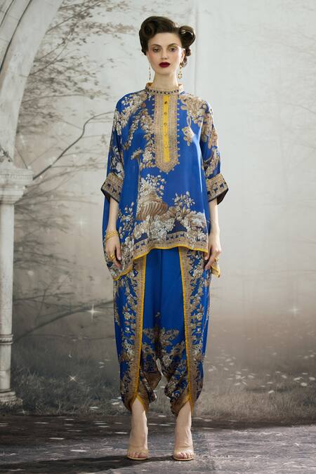 Buy_Rajdeep Ranawat_Blue Silk, Modal, Satin Embroidery Chanel Floral Print Tunic And Dhoti Pant Set _Online_at_Aza_Fashions