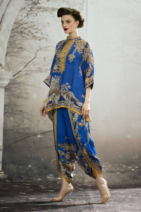 Shop_Rajdeep Ranawat_Blue Silk, Modal, Satin Embroidery Chanel Floral Print Tunic And Dhoti Pant Set _Online_at_Aza_Fashions