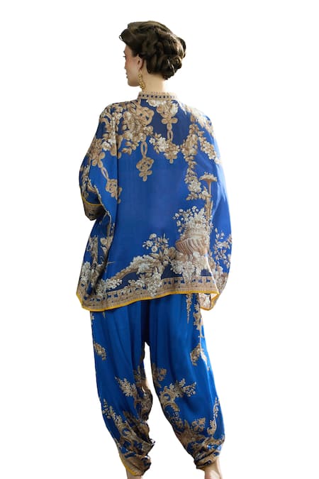 Rajdeep Ranawat_Blue Silk, Modal, Satin Embroidery Chanel Floral Print Tunic And Dhoti Pant Set _at_Aza_Fashions