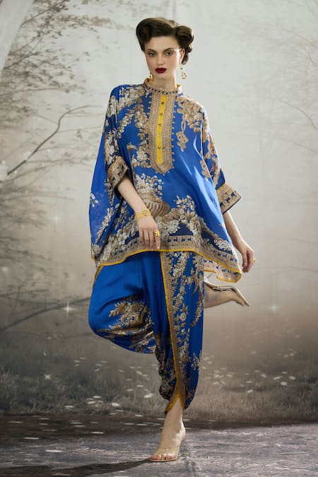 Buy_Rajdeep Ranawat_Blue Silk, Modal, Satin Embroidery Chanel Floral Print Tunic And Dhoti Pant Set 