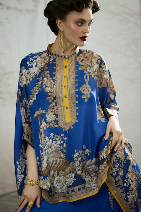 Shop_Rajdeep Ranawat_Blue Silk, Modal, Satin Embroidery Chanel Floral Print Tunic And Dhoti Pant Set 
