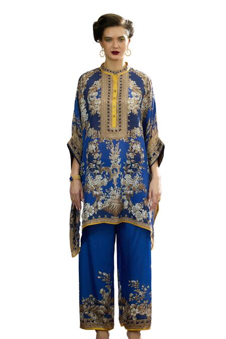 Rajdeep Ranawat_Blue Silk, Modal, Satin Embroidery Chanel Floral Print Tunic And Flared Pant Set _Online_at_Aza_Fashions