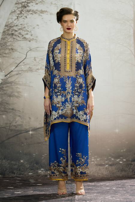 Buy_Rajdeep Ranawat_Blue Silk, Modal, Satin Embroidery Chanel Floral Print Tunic And Flared Pant Set _Online_at_Aza_Fashions