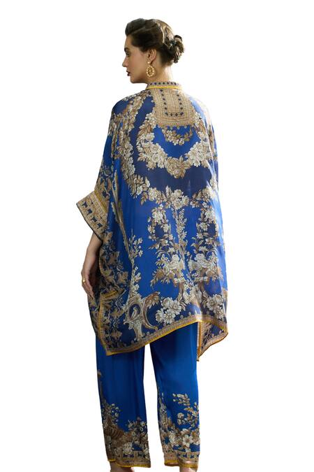 Shop_Rajdeep Ranawat_Blue Silk, Modal, Satin Embroidery Chanel Floral Print Tunic And Flared Pant Set _Online_at_Aza_Fashions