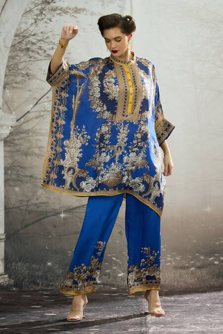 Buy_Rajdeep Ranawat_Blue Silk, Modal, Satin Embroidery Chanel Floral Print Tunic And Flared Pant Set 