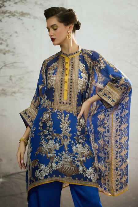 Shop_Rajdeep Ranawat_Blue Silk, Modal, Satin Embroidery Chanel Floral Print Tunic And Flared Pant Set 