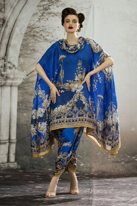 Rajdeep Ranawat Blue Tunic Silk Block Printed Floral Cowl Lavanya Draped And Dhoti Pant Set 