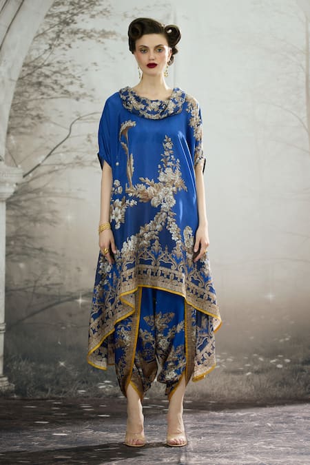 Rajdeep Ranawat_Blue Silk, Modal, Satin Cowl Lavanya Floral Print Draped Tunic And Dhoti Pant Set _Online_at_Aza_Fashions