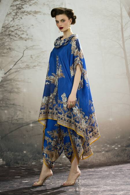 Buy_Rajdeep Ranawat_Blue Silk, Modal, Satin Cowl Lavanya Floral Print Draped Tunic And Dhoti Pant Set _Online_at_Aza_Fashions