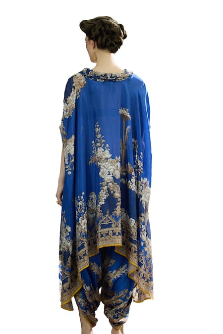 Shop_Rajdeep Ranawat_Blue Silk, Modal, Satin Cowl Lavanya Floral Print Draped Tunic And Dhoti Pant Set _Online_at_Aza_Fashions