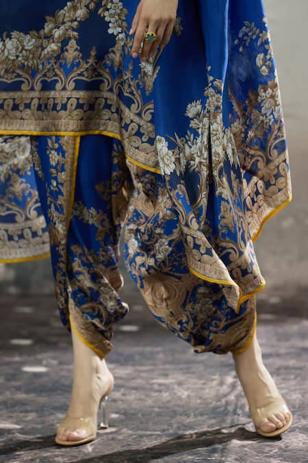 Rajdeep Ranawat_Blue Silk, Modal, Satin Cowl Lavanya Floral Print Draped Tunic And Dhoti Pant Set _at_Aza_Fashions