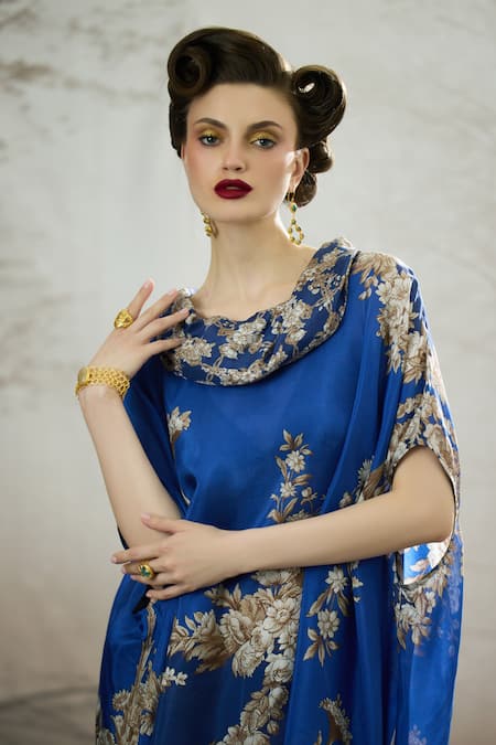 Buy_Rajdeep Ranawat_Blue Silk, Modal, Satin Cowl Lavanya Floral Print Draped Tunic And Dhoti Pant Set 