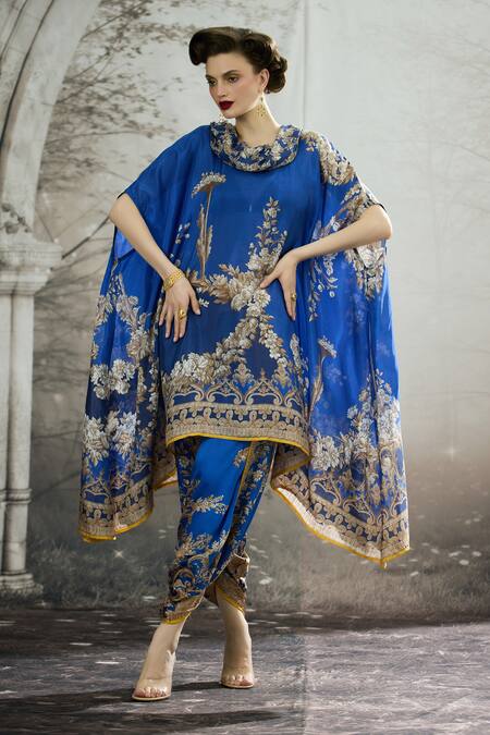 Shop_Rajdeep Ranawat_Blue Silk, Modal, Satin Cowl Lavanya Floral Print Draped Tunic And Dhoti Pant Set 