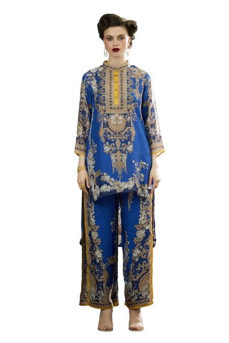 Rajdeep Ranawat_Blue Silk, Modal, Satin Baaka Floral Block Print Tunic And Layered Pant Set _Online_at_Aza_Fashions