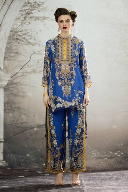 Buy_Rajdeep Ranawat_Blue Silk, Modal, Satin Baaka Floral Block Print Tunic And Layered Pant Set _Online_at_Aza_Fashions