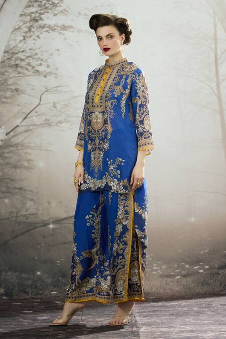 Shop_Rajdeep Ranawat_Blue Silk, Modal, Satin Baaka Floral Block Print Tunic And Layered Pant Set _Online_at_Aza_Fashions