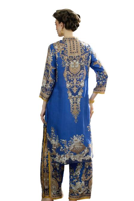 Rajdeep Ranawat_Blue Silk, Modal, Satin Baaka Floral Block Print Tunic And Layered Pant Set _at_Aza_Fashions