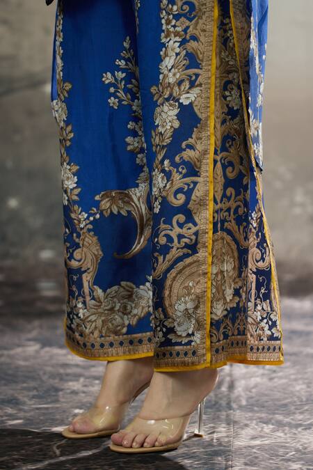 Buy_Rajdeep Ranawat_Blue Silk, Modal, Satin Baaka Floral Block Print Tunic And Layered Pant Set 