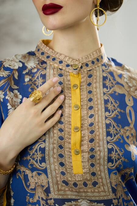 Shop_Rajdeep Ranawat_Blue Silk, Modal, Satin Baaka Floral Block Print Tunic And Layered Pant Set 