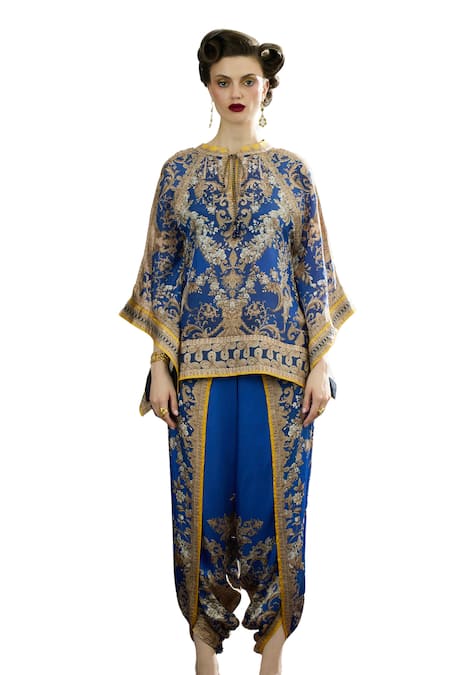 Rajdeep Ranawat_Blue Silk, Modal, Satin Ramona Floral Print Poncho Top And Dhoti Pant Set _Online_at_Aza_Fashions