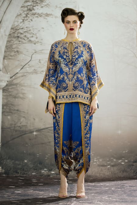 Buy_Rajdeep Ranawat_Blue Silk, Modal, Satin Ramona Floral Print Poncho Top And Dhoti Pant Set _Online_at_Aza_Fashions