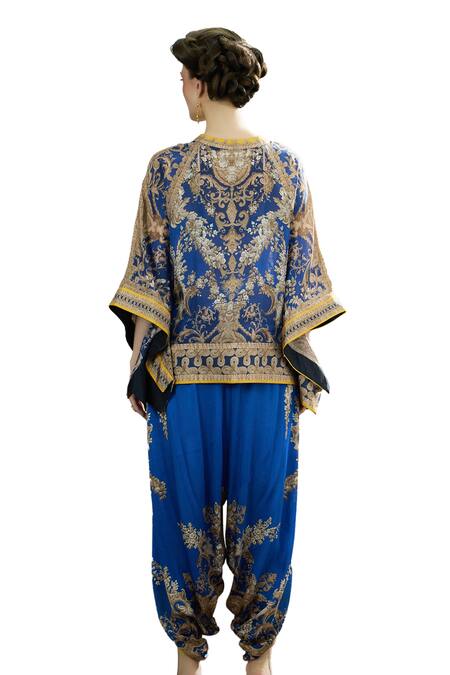 Rajdeep Ranawat_Blue Silk, Modal, Satin Ramona Floral Print Poncho Top And Dhoti Pant Set _at_Aza_Fashions