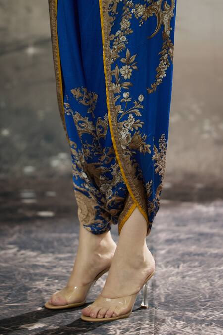 Buy_Rajdeep Ranawat_Blue Silk, Modal, Satin Ramona Floral Print Poncho Top And Dhoti Pant Set 
