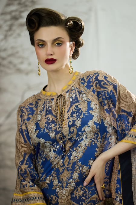 Shop_Rajdeep Ranawat_Blue Silk, Modal, Satin Ramona Floral Print Poncho Top And Dhoti Pant Set 