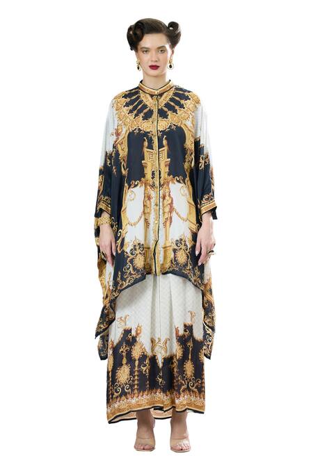 Rajdeep Ranawat_Black Silk, Modal, Satin Dakota Regal Print Kaftan Tunic And Draped Skirt Set _Online_at_Aza_Fashions