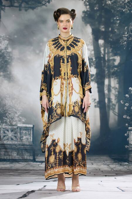 Buy_Rajdeep Ranawat_Black Silk, Modal, Satin Dakota Regal Print Kaftan Tunic And Draped Skirt Set _Online_at_Aza_Fashions