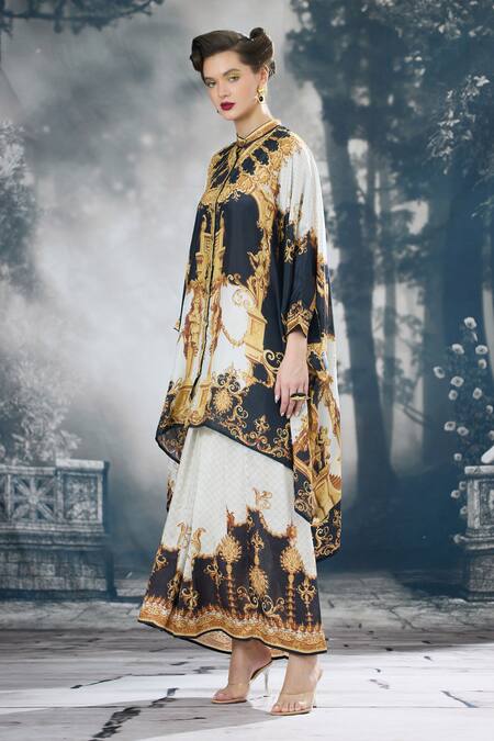 Shop_Rajdeep Ranawat_Black Silk, Modal, Satin Dakota Regal Print Kaftan Tunic And Draped Skirt Set _Online_at_Aza_Fashions